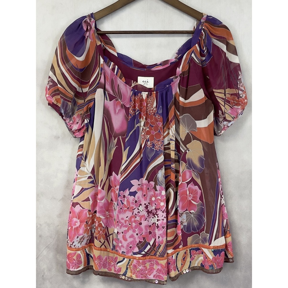 ECI New York Silk Floral Blouse Womens 10P Sequin‎ Flowy Fairy Y2K Dopamine